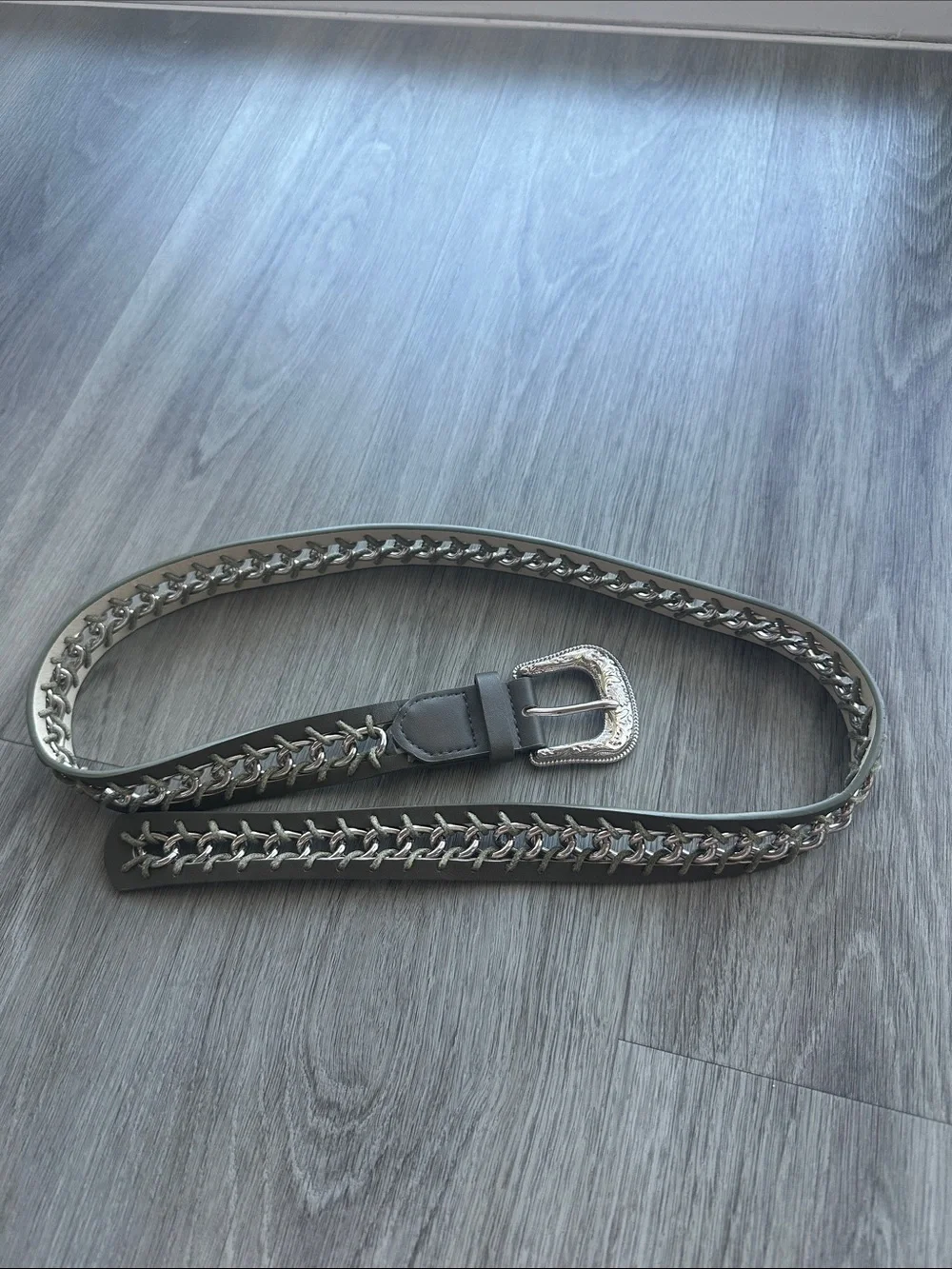 Leather Belt with Silver Chain Accent